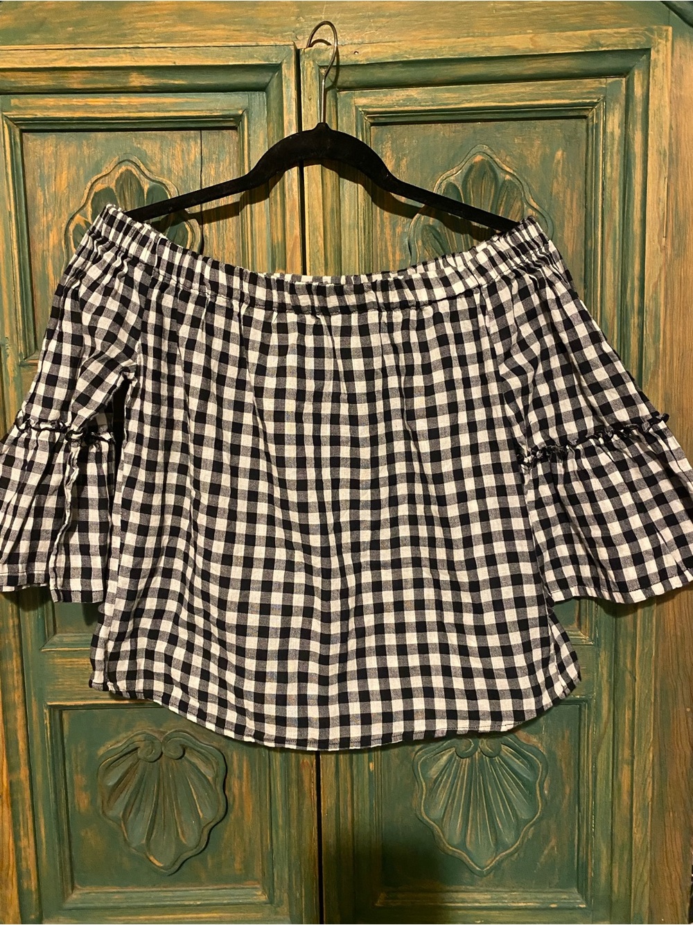 Who What Wear Black and White Gingham Off-Shoulder Top